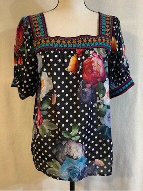 Johnny Was Workshop black & white polka dot floral embroidered Polkalona top